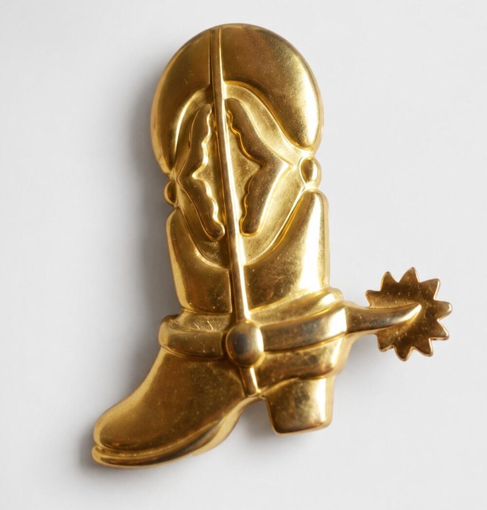 Southwestern Brooch Pin 2" Cowboy Boot Vintage Gold-tone‎ Cowgirl go-5